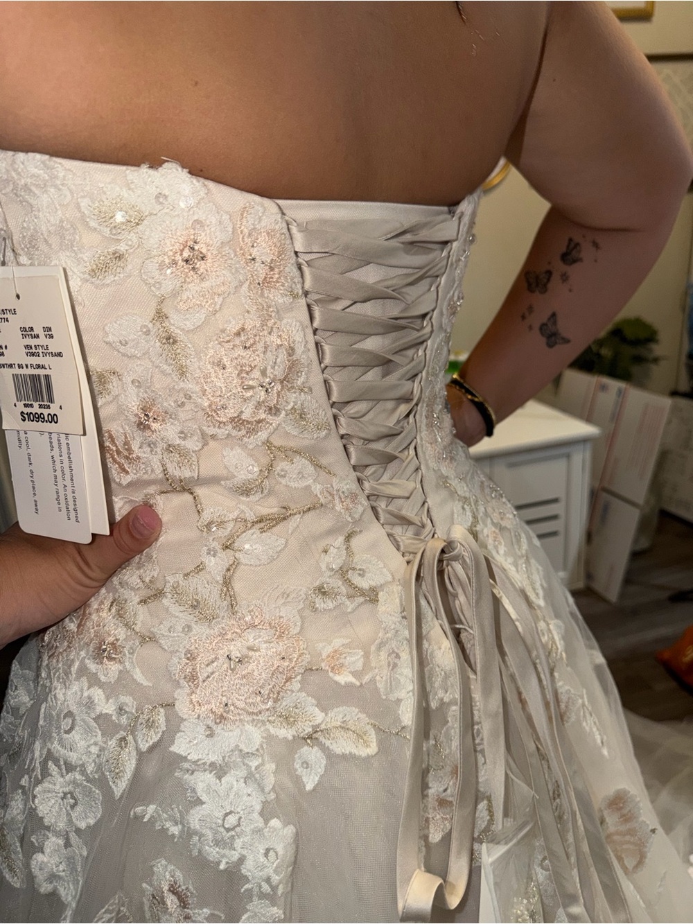 David's Bridal Ivory Strapless Lace Appliqué A-Line Wedding Gown - Picture 2 of 13